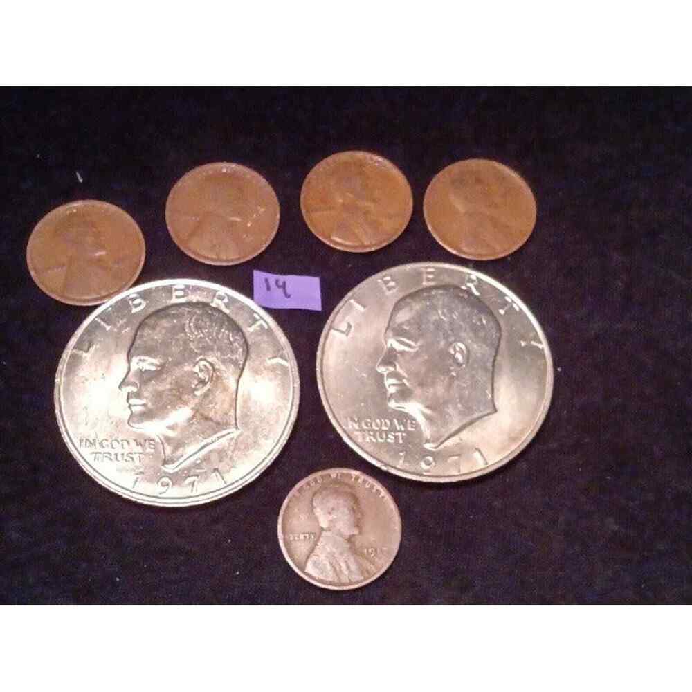 2 Eisenhower Dollar coins and 5 Wheat Pennies